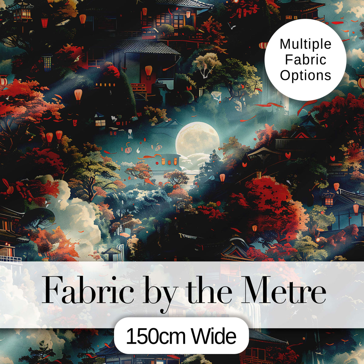 Japanese Autumn Village Landscape  Pattern with Moon and Lanterns Scenic Art Digital Print Fabric by the Metre UK Sewing Quilting Textile