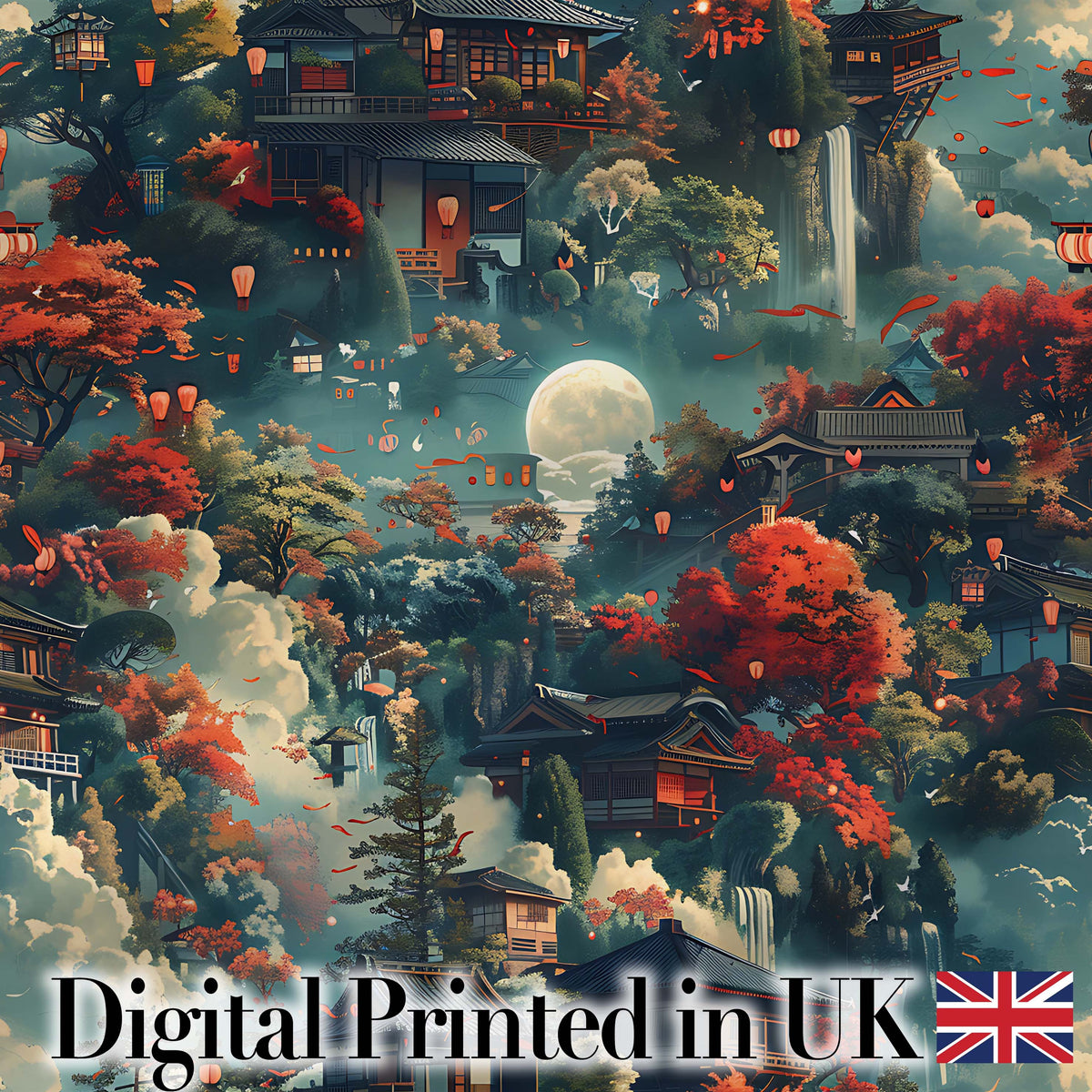 Japanese Autumn Village Landscape  Pattern with Moon and Lanterns Scenic Art Digital Print Fabric by the Metre UK Sewing Quilting Textile