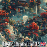 Japanese Autumn Village Landscape  Pattern with Moon and Lanterns Scenic Art Digital Print Fabric by the Metre UK Sewing Quilting Textile