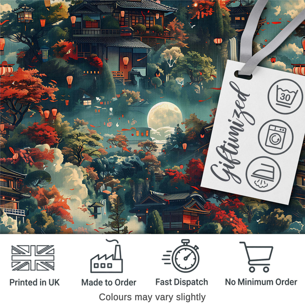 Japanese Autumn Village Landscape  Pattern with Moon and Lanterns Scenic Art Digital Print Fabric by the Metre UK Sewing Quilting Textile