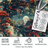 Japanese Autumn Village Landscape  Pattern with Moon and Lanterns Scenic Art Digital Print Fabric by the Metre UK Sewing Quilting Textile