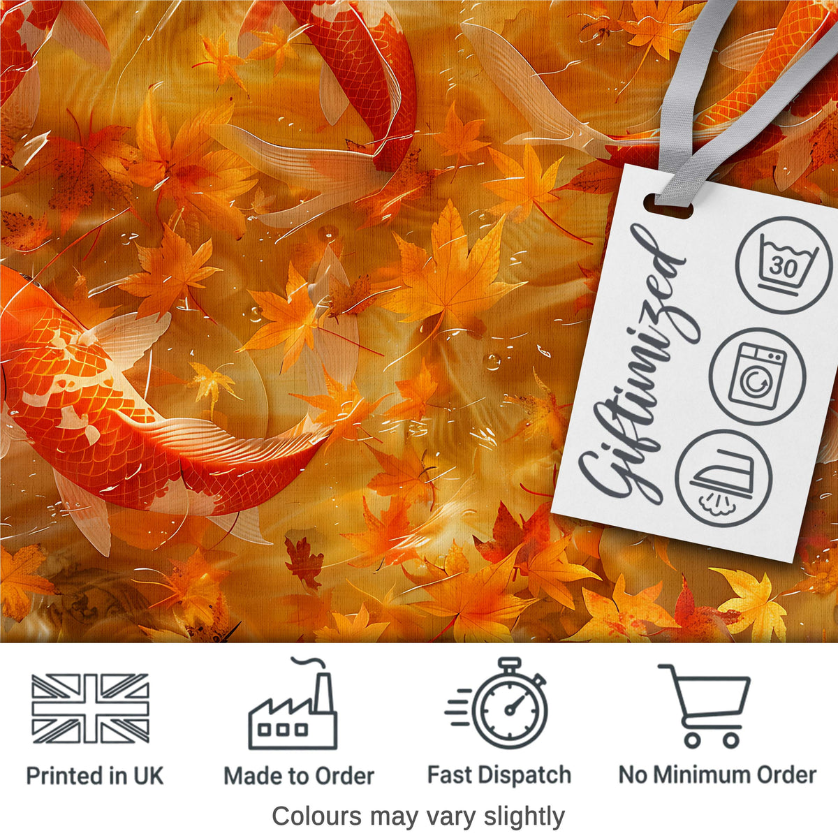 Autumn Koi Fish with Golden Maple Leaves  Pattern Warm Watercolor Nature Design Digital Print Fabric by the Metre UK Sewing Quilting Textile