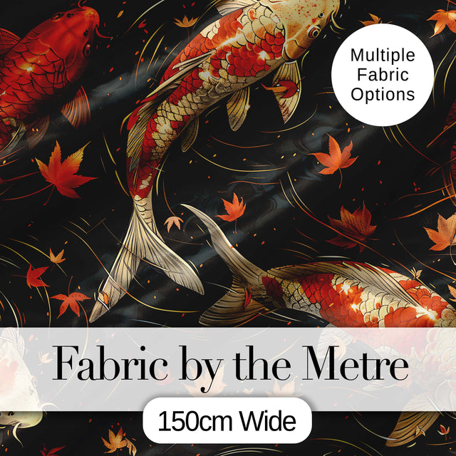 Elegant Koi Fish Swimming on Dark Water with Falling Leaves Japanese Style Digital Print Fabric by the Metre UK Sewing Quilting Textile