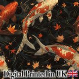 Elegant Koi Fish Swimming on Dark Water with Falling Leaves Japanese Style Digital Print Fabric by the Metre UK Sewing Quilting Textile