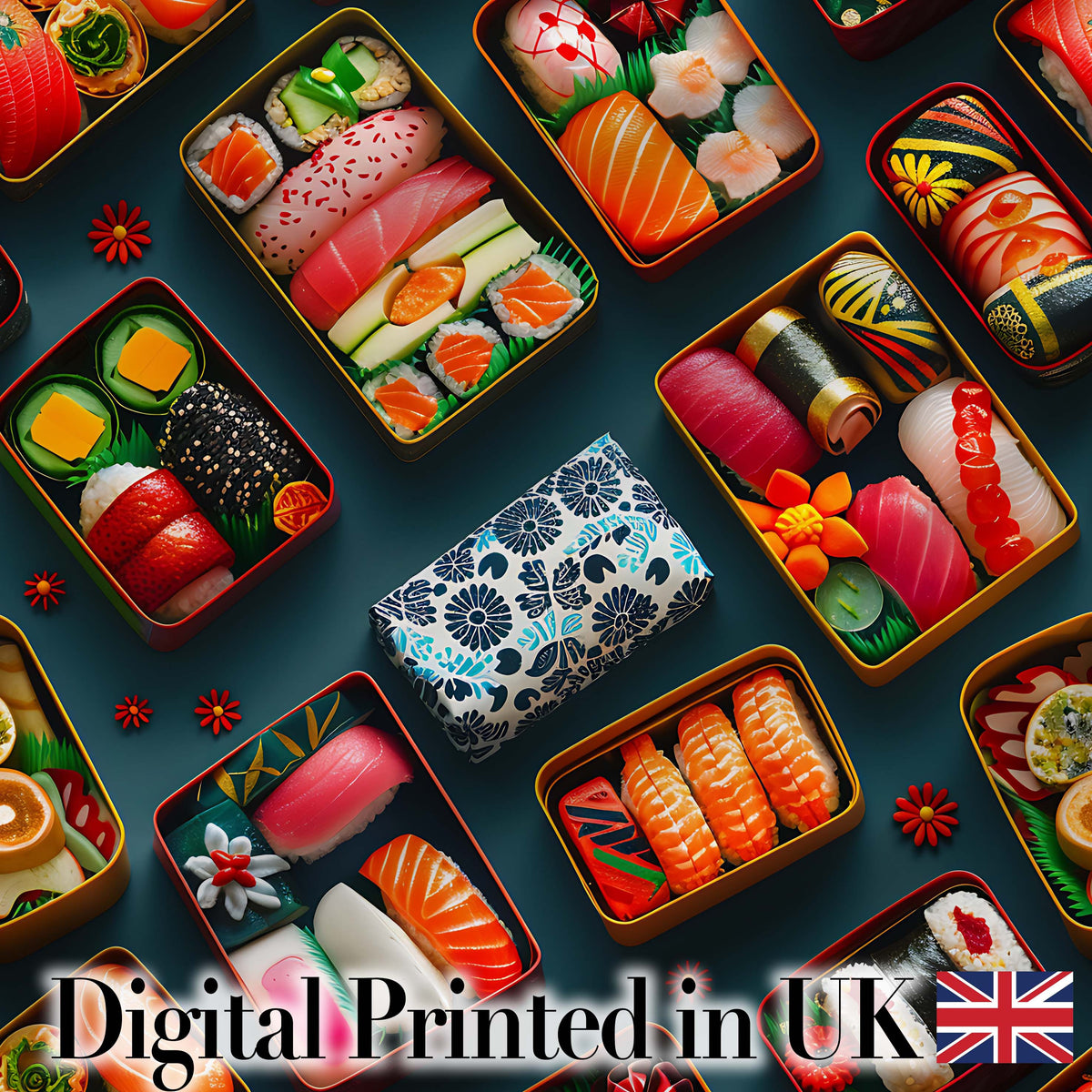 Assorted Sushi Bento Boxes with Fresh Ingredients  Pattern Japanese Food Theme Digital Print Fabric by the Metre UK Sewing Quilting Textile