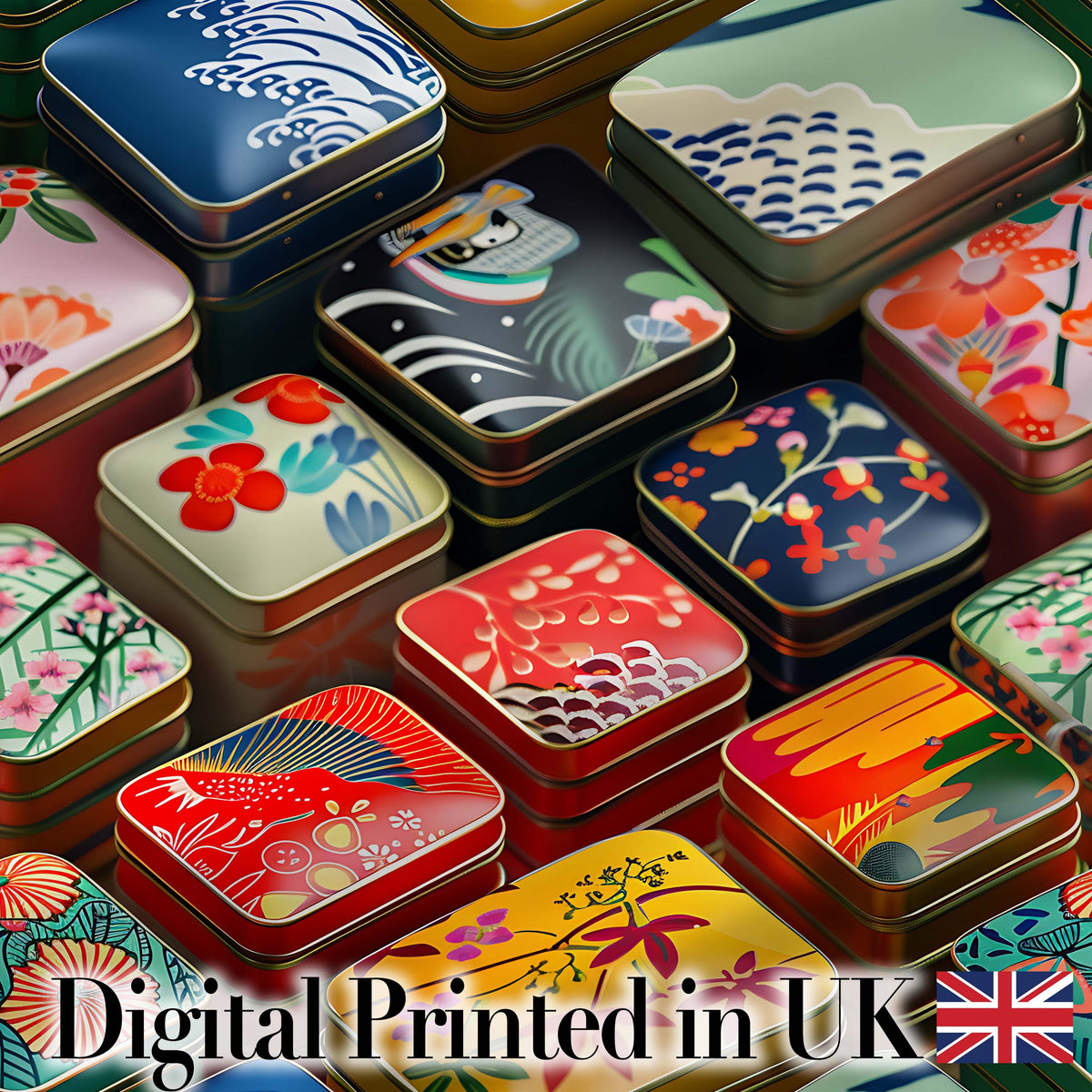 Decorative Japanese Bento Box Lids with Floral and Wave Patterns  Design Digital Print Fabric by the Metre UK Sewing Quilting Textile