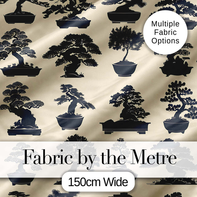 Japanese Bonsai Tree Silhouettes in Pots on Beige Background  Digital Print Fabric by the Metre UK Sewing Quilting Textile