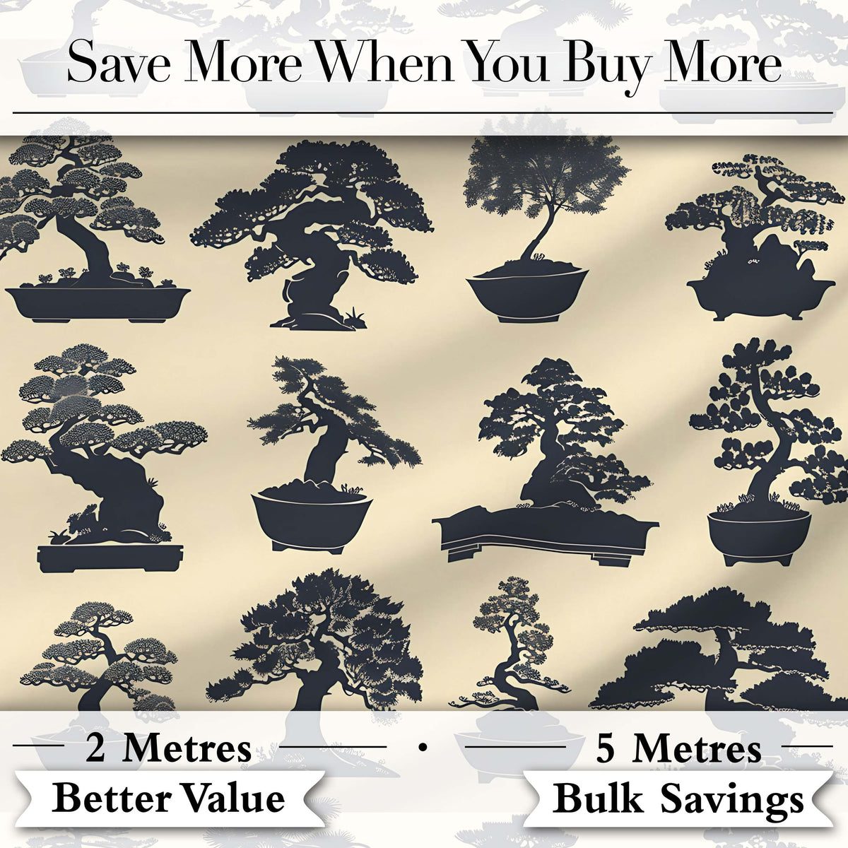 Japanese Bonsai Tree Silhouettes in Pots on Beige Background  Digital Print Fabric by the Metre UK Sewing Quilting Textile