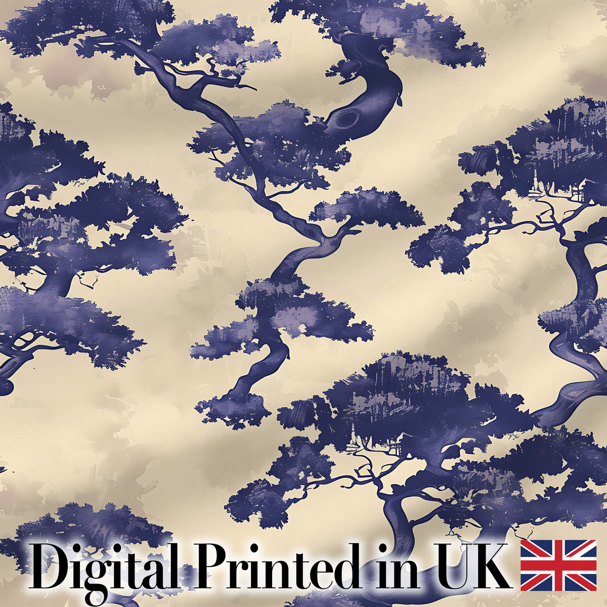 Artistic Blue Bonsai Trees on Textured Beige Background Pattern Digital Print Fabric by the Metre UK Sewing Quilting Textile
