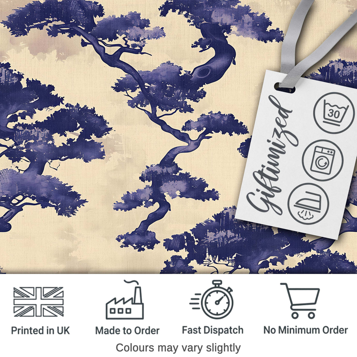 Artistic Blue Bonsai Trees on Textured Beige Background Pattern Digital Print Fabric by the Metre UK Sewing Quilting Textile