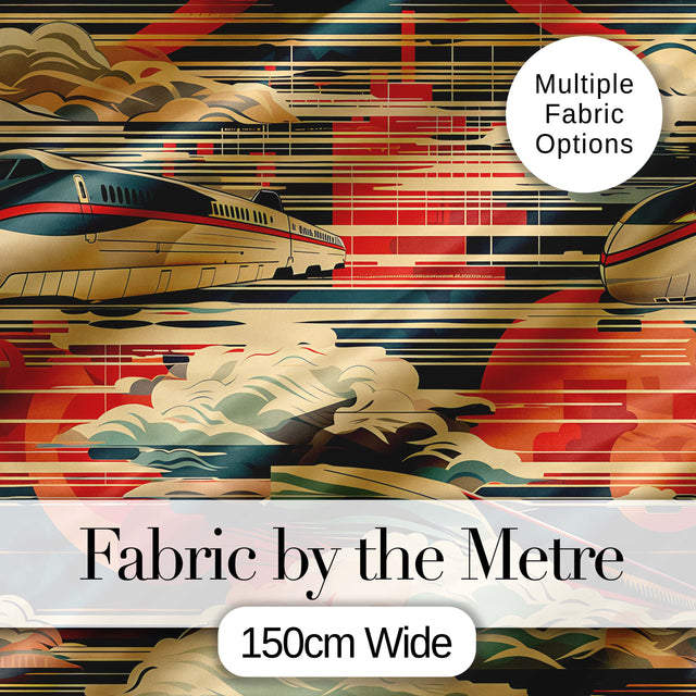 Modern High Speed Train with Rising Sun and Clouds Pattern Japanese TravelTheme Digital Print Fabric by the Metre UK Sewing Quilting Textile