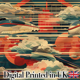 Modern High Speed Train with Rising Sun and Clouds Pattern Japanese TravelTheme Digital Print Fabric by the Metre UK Sewing Quilting Textile