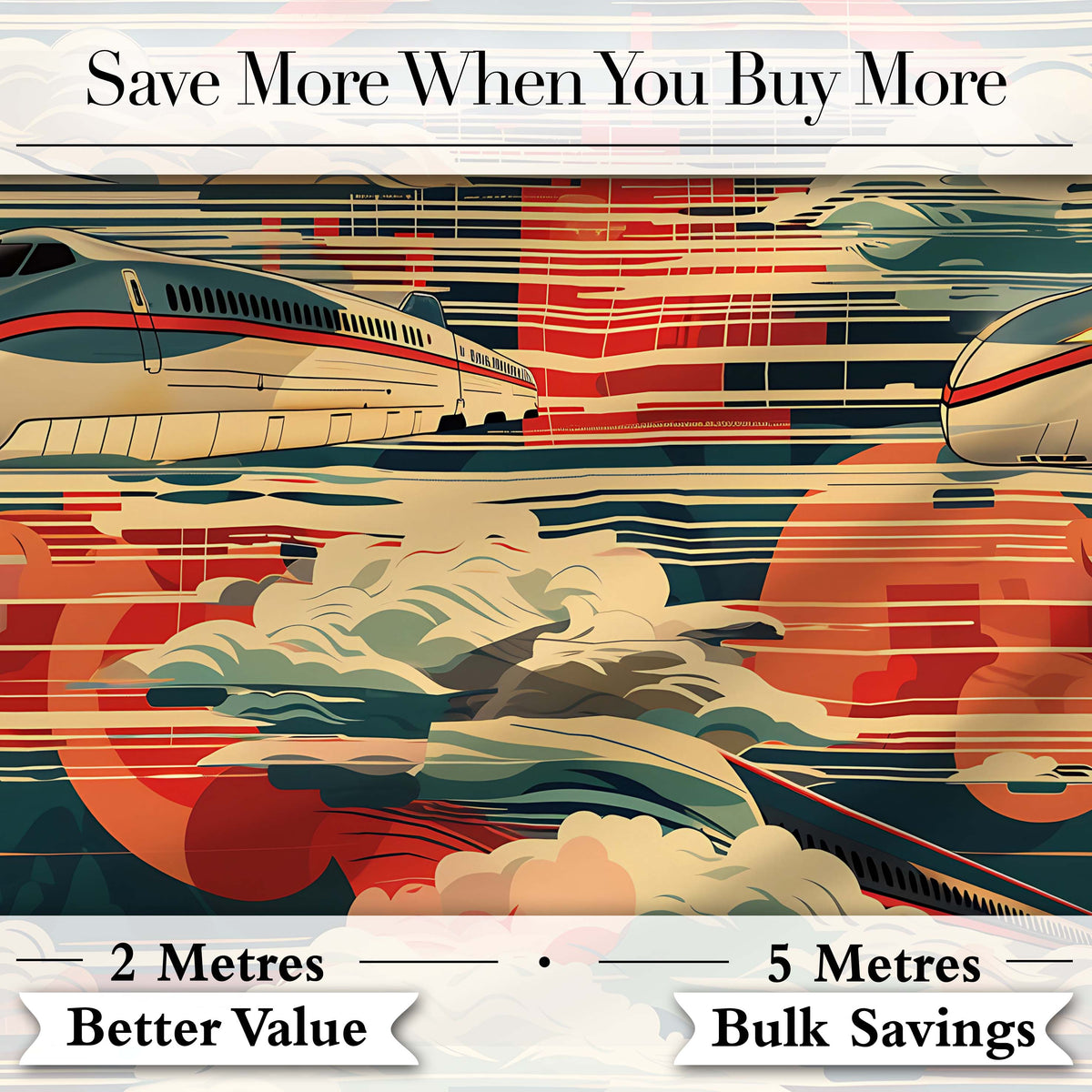 Modern High Speed Train with Rising Sun and Clouds Pattern Japanese TravelTheme Digital Print Fabric by the Metre UK Sewing Quilting Textile