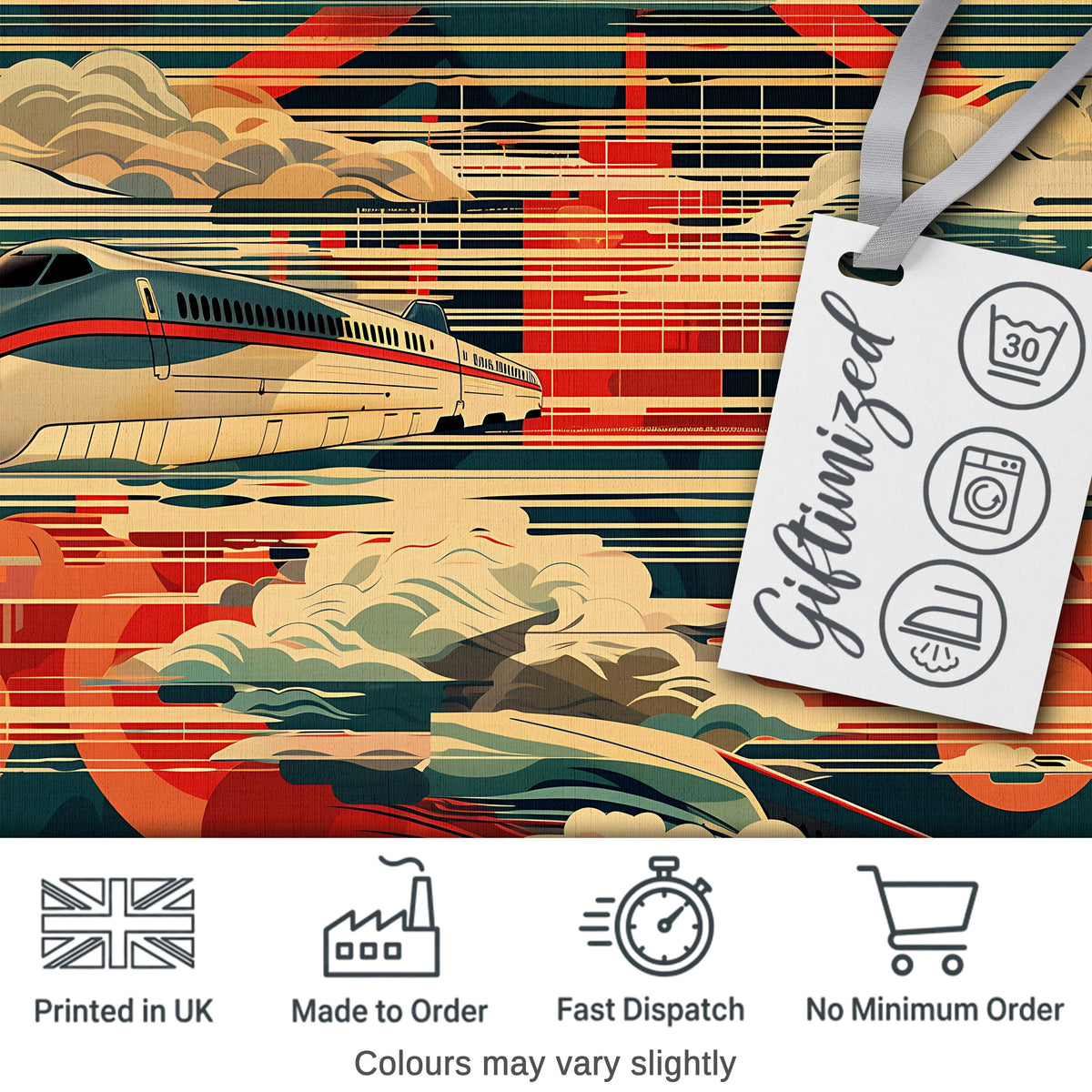 Modern High Speed Train with Rising Sun and Clouds Pattern Japanese TravelTheme Digital Print Fabric by the Metre UK Sewing Quilting Textile