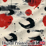 Abstract Japanese Ink Brush Strokes with Red Sun Accents Modern Calligraphy Art Digital Print Fabric by the Metre UK Sewing Quilting Textile