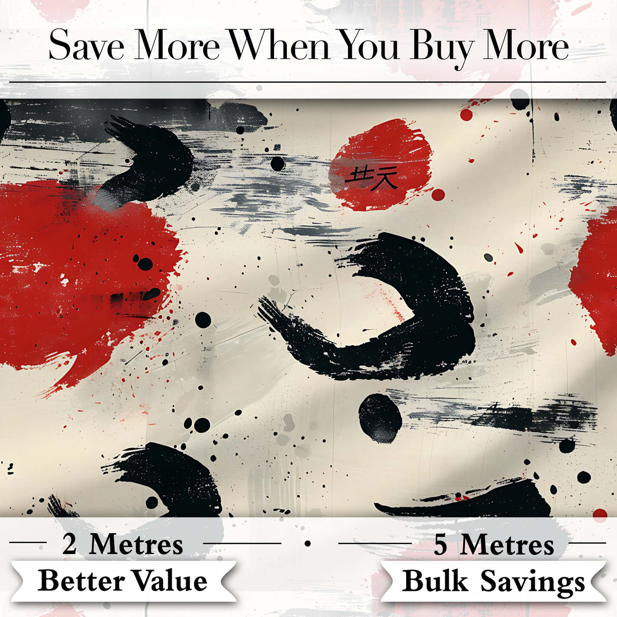 Abstract Japanese Ink Brush Strokes with Red Sun Accents Modern Calligraphy Art Digital Print Fabric by the Metre UK Sewing Quilting Textile