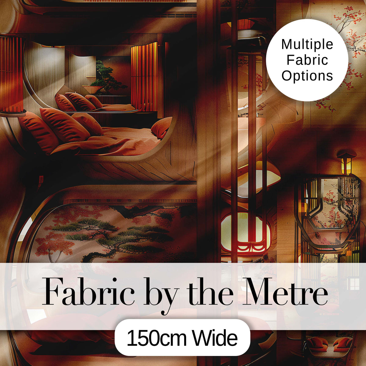 Japanese Capsule Bedroom Interior with Warm Lighting Modern Living Space Digital Print Fabric by the Metre UK Sewing Quilting Textile