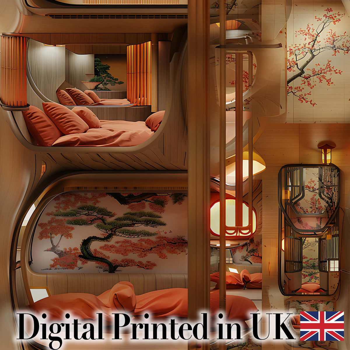 Japanese Capsule Bedroom Interior with Warm Lighting Modern Living Space Digital Print Fabric by the Metre UK Sewing Quilting Textile
