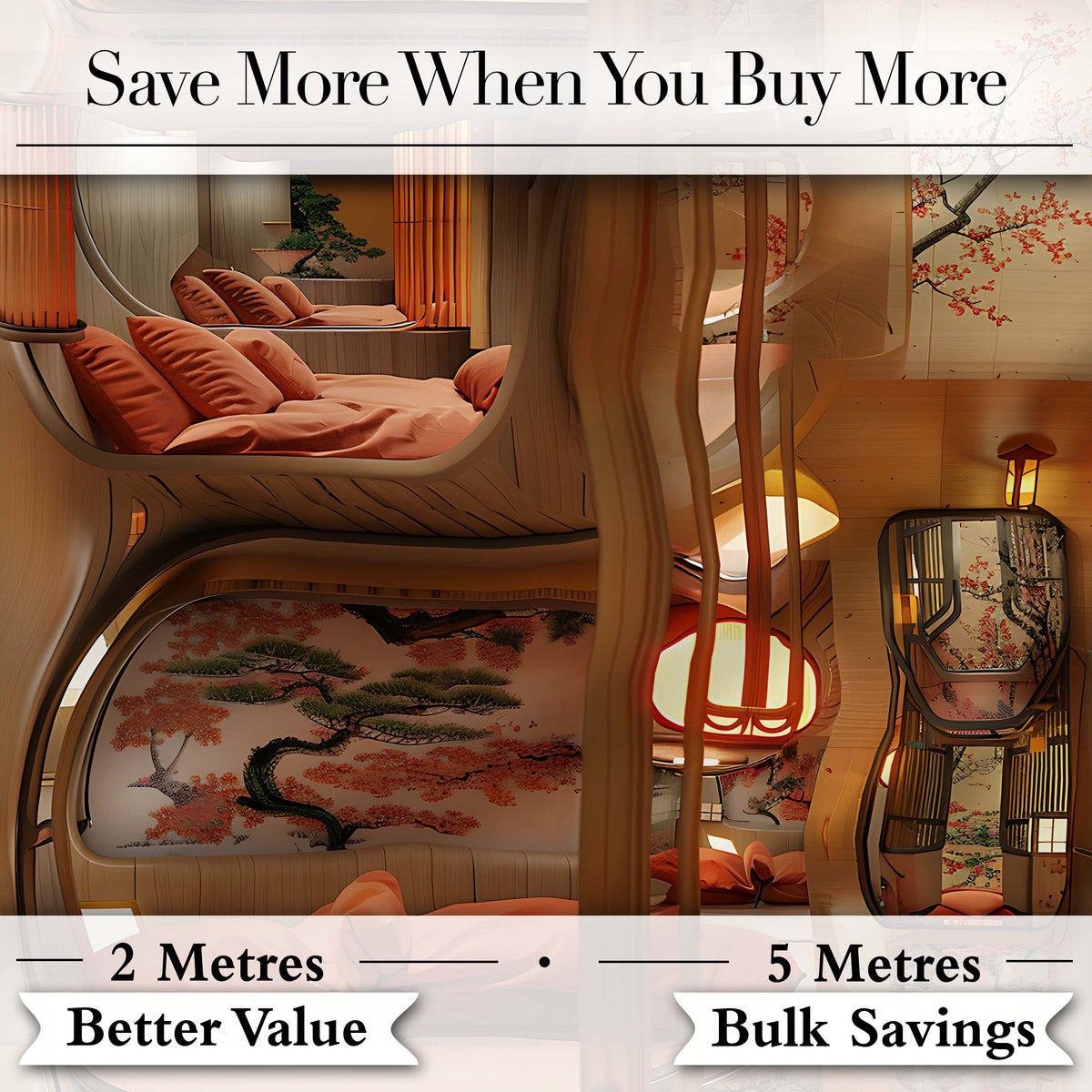 Japanese Capsule Bedroom Interior with Warm Lighting Modern Living Space Digital Print Fabric by the Metre UK Sewing Quilting Textile