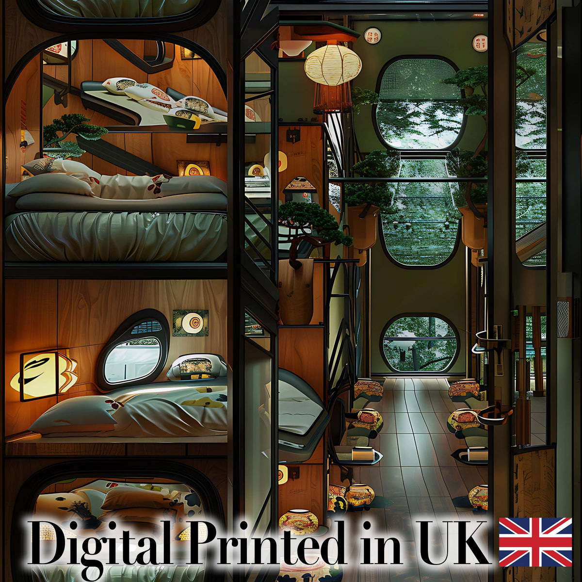 Modern Japanese Capsule Hotel Interior with Wooden Details Compact Living Space Digital Print Fabric by the Metre UK Sewing Quilting Textile