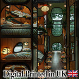 Modern Japanese Capsule Hotel Interior with Wooden Details Compact Living Space Digital Print Fabric by the Metre UK Sewing Quilting Textile