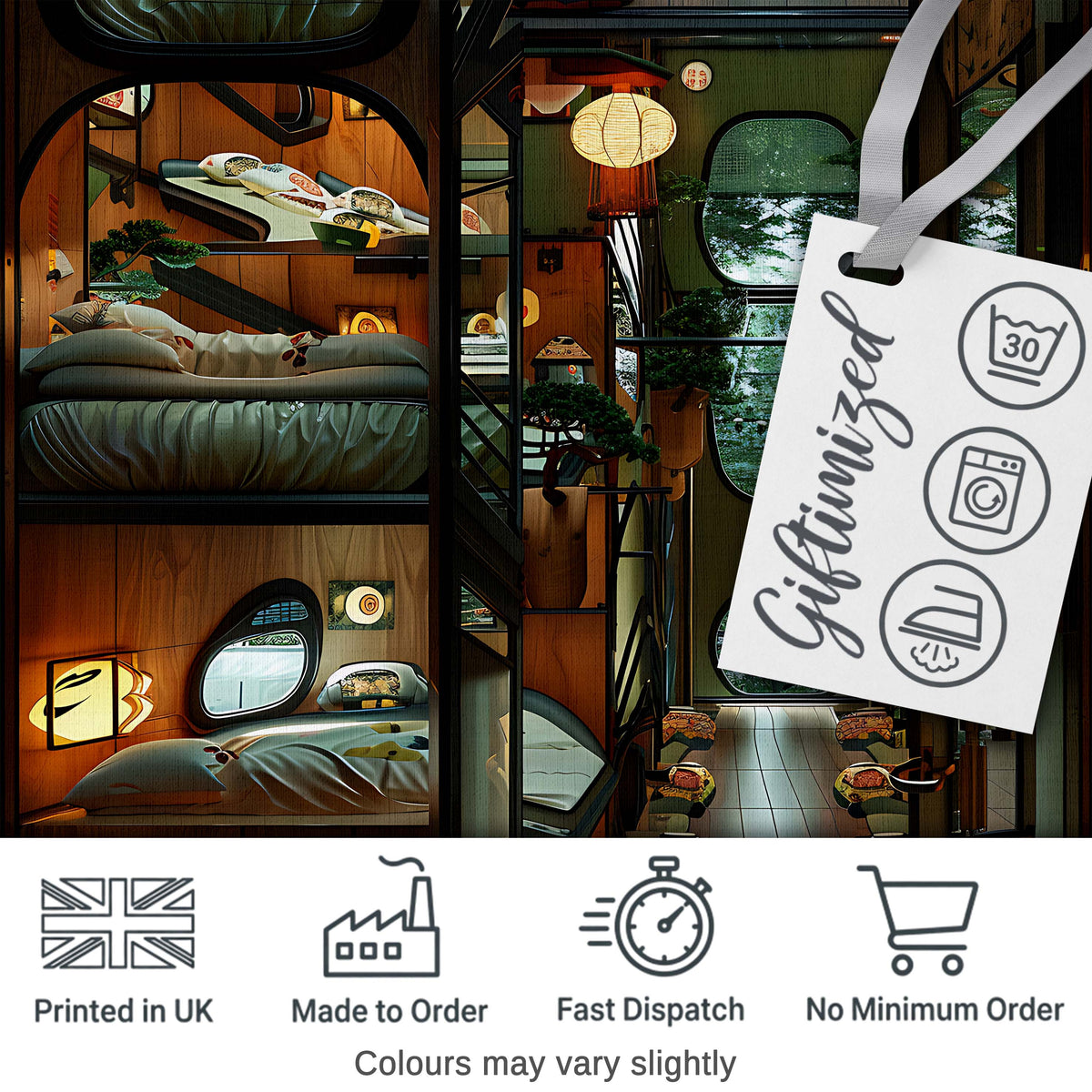 Modern Japanese Capsule Hotel Interior with Wooden Details Compact Living Space Digital Print Fabric by the Metre UK Sewing Quilting Textile