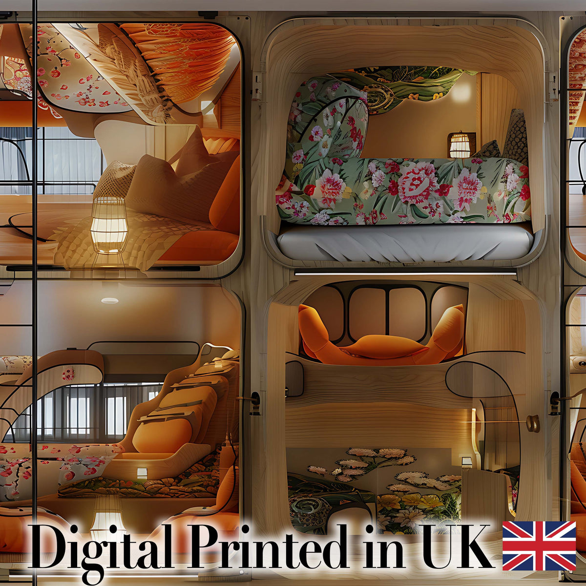 Capsule Living Pods with Decorative Interiors   Contemporary Japanese Design Digital Print Fabric by the Metre UK Sewing Quilting Textile