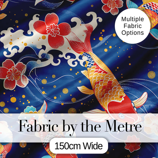 Elegant Japanese Koi Fish with Cherry Blossom Waves   Traditional Asian Art Digital Print Fabric by the Metre UK Sewing Quilting Textile