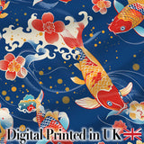 Elegant Japanese Koi Fish with Cherry Blossom Waves   Traditional Asian Art Digital Print Fabric by the Metre UK Sewing Quilting Textile
