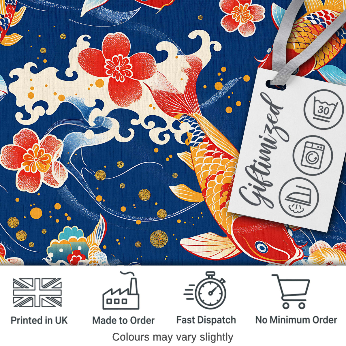 Elegant Japanese Koi Fish with Cherry Blossom Waves   Traditional Asian Art Digital Print Fabric by the Metre UK Sewing Quilting Textile
