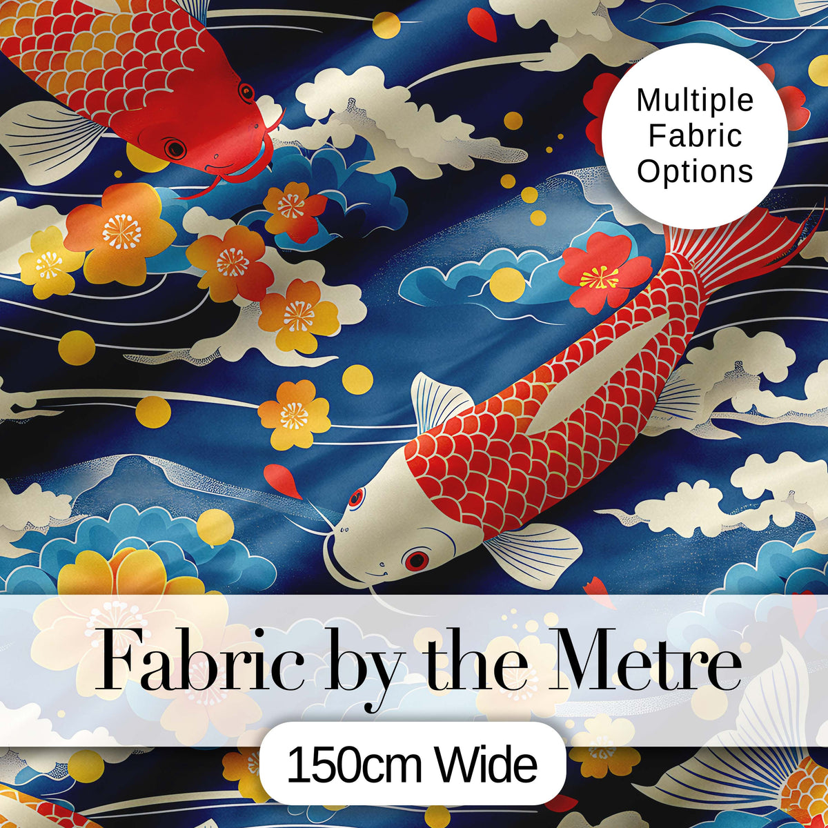 Colorful Koi Fish with Floral Cloud and Flowing Water Japanese Inspired Design Digital Print Fabric by the Metre UK Sewing Quilting Textile
