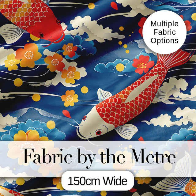 Colorful Koi Fish with Floral Cloud and Flowing Water Japanese Inspired Design Digital Print Fabric by the Metre UK Sewing Quilting Textile