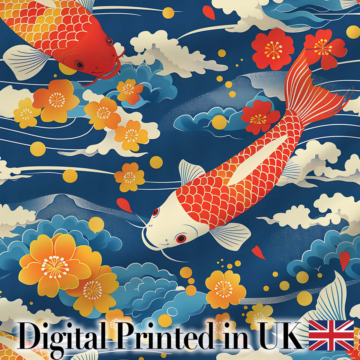 Colorful Koi Fish with Floral Cloud and Flowing Water Japanese Inspired Design Digital Print Fabric by the Metre UK Sewing Quilting Textile