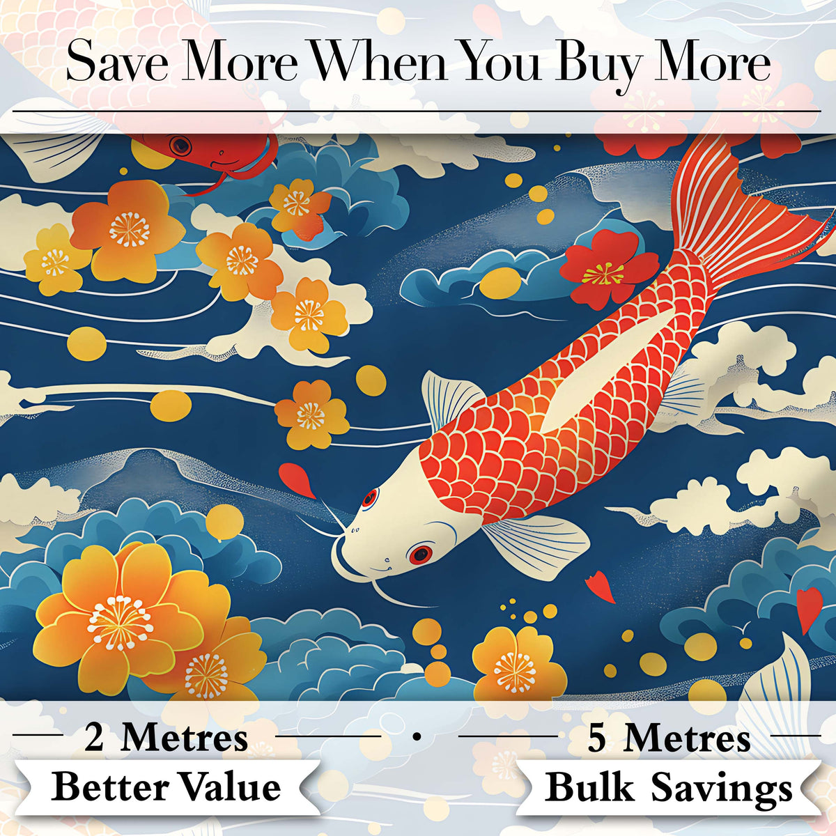 Colorful Koi Fish with Floral Cloud and Flowing Water Japanese Inspired Design Digital Print Fabric by the Metre UK Sewing Quilting Textile