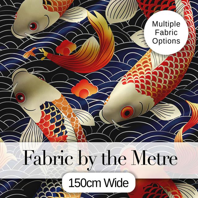 Decorative Koi Fish with Geometric Wave Background  Pattern Asian Style Textile Digital Print Fabric by the Metre UK Sewing Quilting Textile