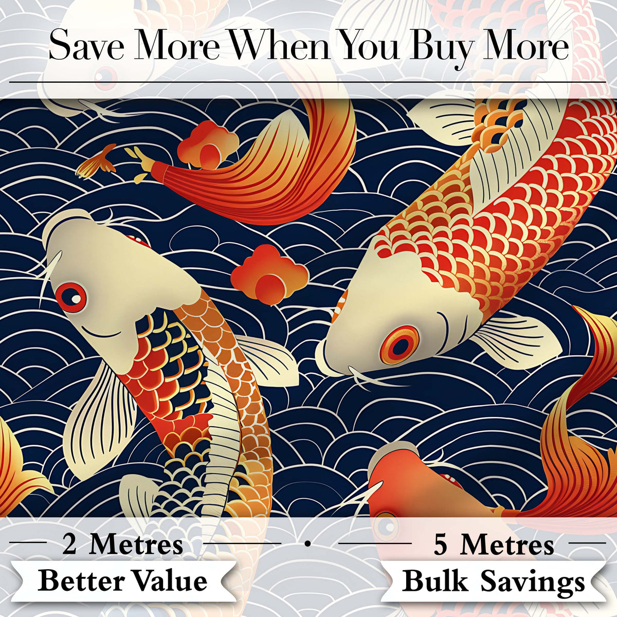 Decorative Koi Fish with Geometric Wave Background  Pattern Asian Style Textile Digital Print Fabric by the Metre UK Sewing Quilting Textile