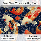 Decorative Koi Fish with Geometric Wave Background  Pattern Asian Style Textile Digital Print Fabric by the Metre UK Sewing Quilting Textile