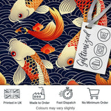 Decorative Koi Fish with Geometric Wave Background  Pattern Asian Style Textile Digital Print Fabric by the Metre UK Sewing Quilting Textile