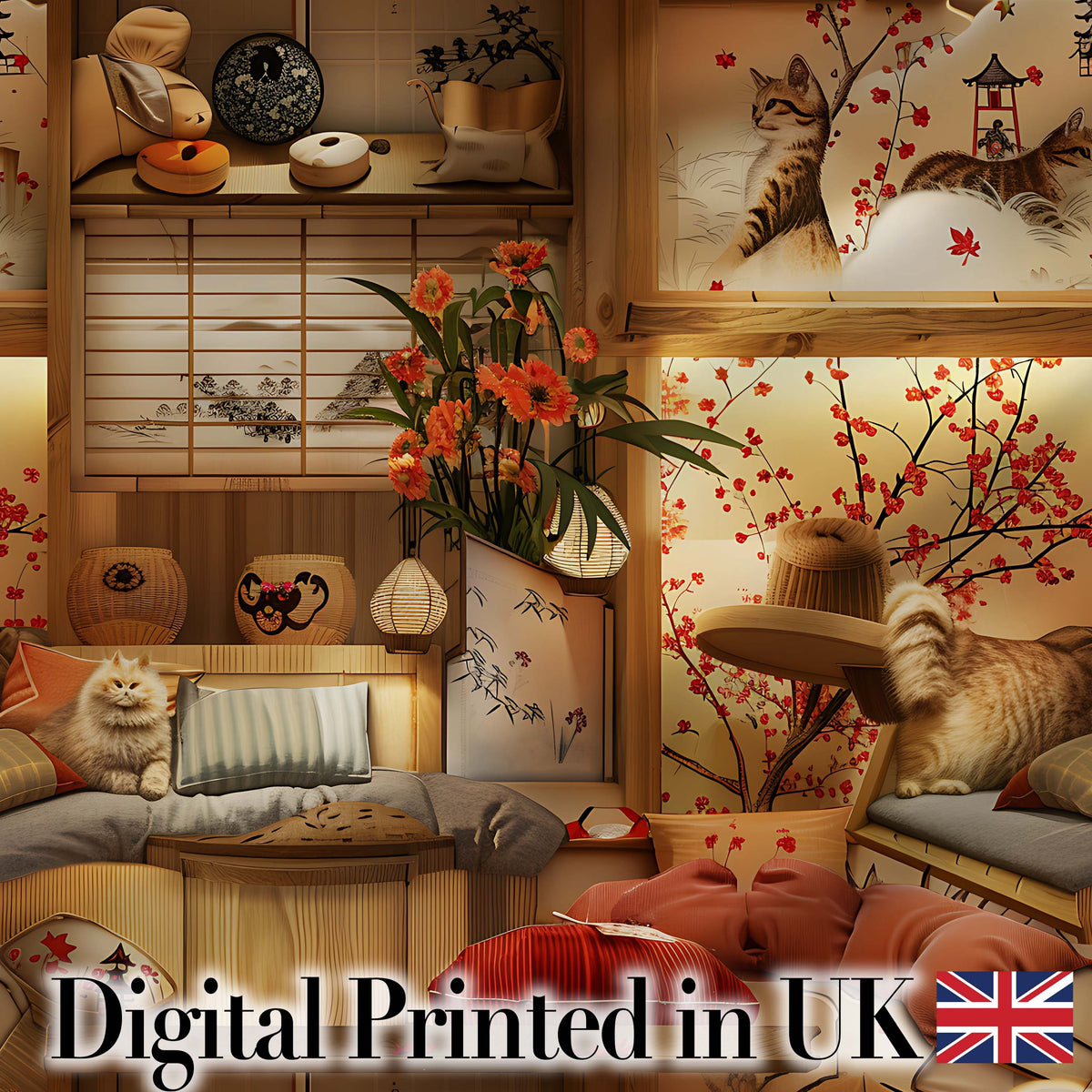 Cozy Japanese Interior with Cats and Cherry Blossoms  Pattern Warm Home Decor Digital Print Fabric by the Metre UK Sewing Quilting Textile