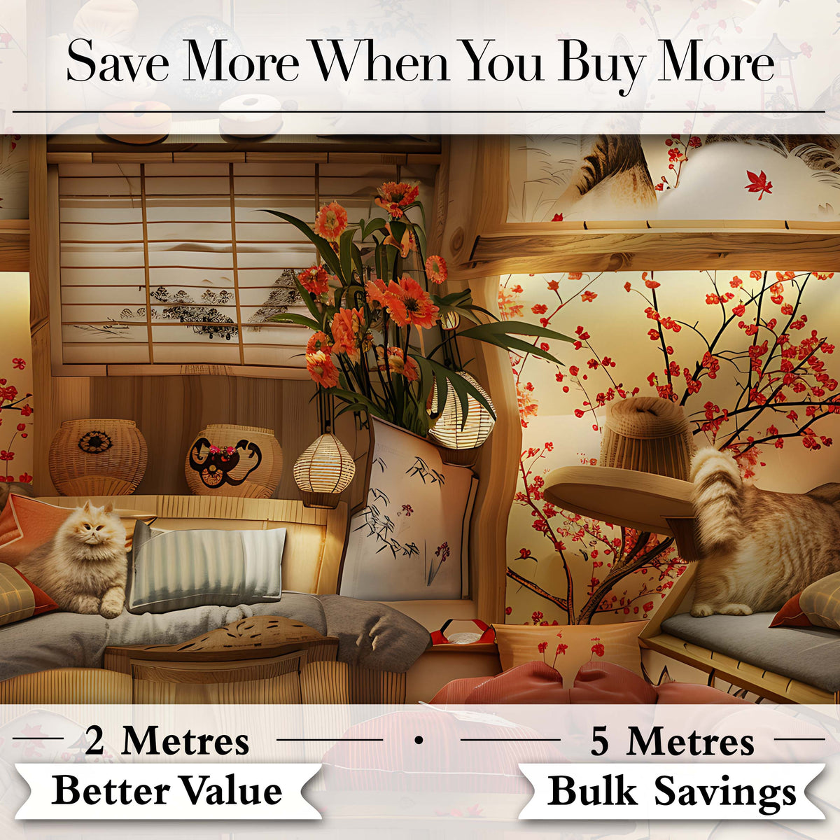 Cozy Japanese Interior with Cats and Cherry Blossoms  Pattern Warm Home Decor Digital Print Fabric by the Metre UK Sewing Quilting Textile
