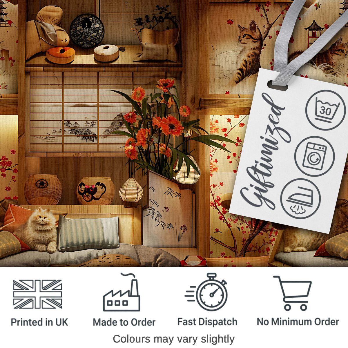 Cozy Japanese Interior with Cats and Cherry Blossoms  Pattern Warm Home Decor Digital Print Fabric by the Metre UK Sewing Quilting Textile