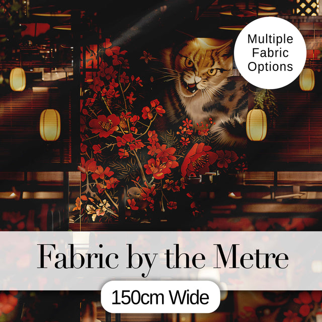 Artistic Cat with Red Flowers in Japanese Style Interior   Decorative Textile Digital Print Fabric by the Metre UK Sewing Quilting Textile