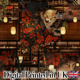 Artistic Cat with Red Flowers in Japanese Style Interior   Decorative Textile Digital Print Fabric by the Metre UK Sewing Quilting Textile