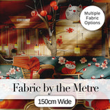 Cute Cartoon Cats with Cherry Blossoms and Lantern Decor Playful Japanese Theme Digital Print Fabric by the Metre UK Sewing Quilting Textile