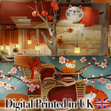 Cute Cartoon Cats with Cherry Blossoms and Lantern Decor Playful Japanese Theme Digital Print Fabric by the Metre UK Sewing Quilting Textile