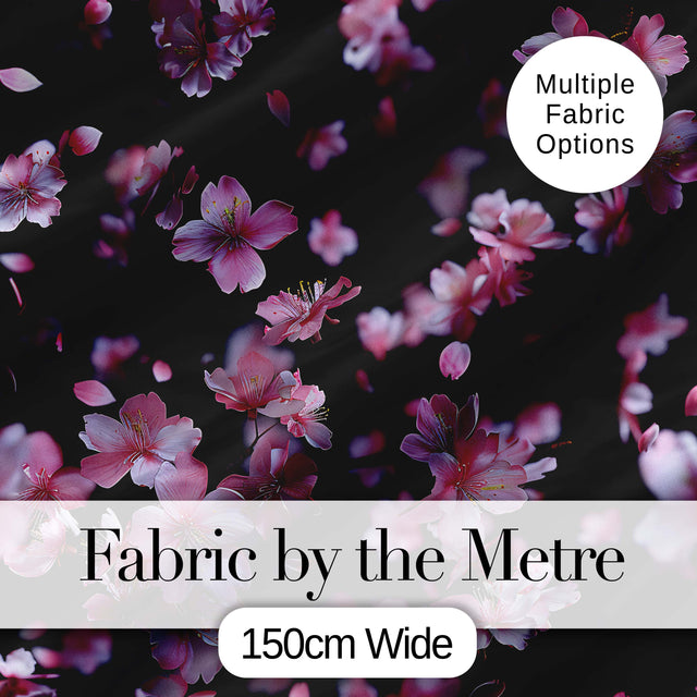 Soft Pink Cherry Blossom Flowers on Dark Background   Elegant Floral Design Digital Print Fabric by the Metre UK Sewing Quilting Textile