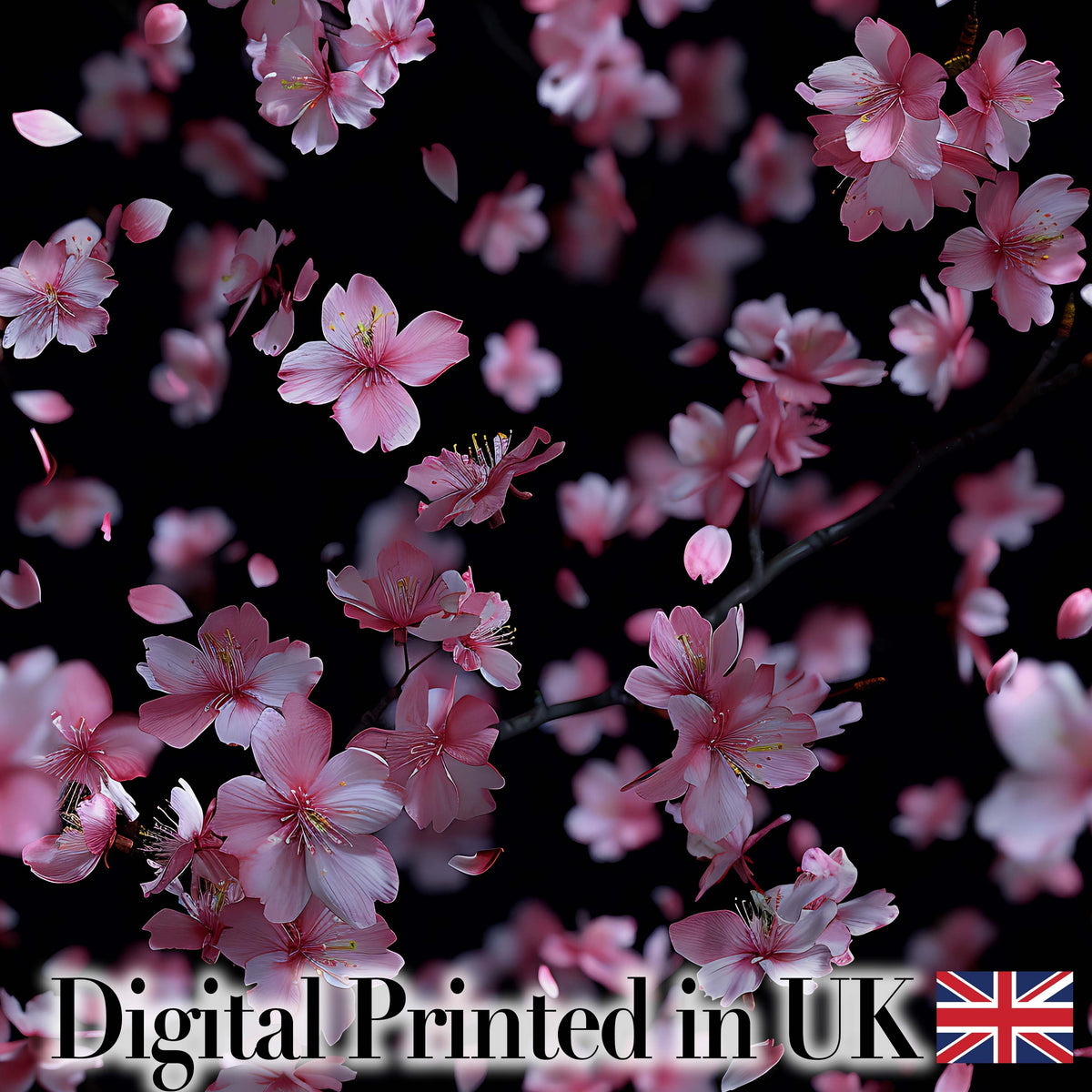 Soft Pink Cherry Blossom Flowers on Dark Background   Elegant Floral Design Digital Print Fabric by the Metre UK Sewing Quilting Textile