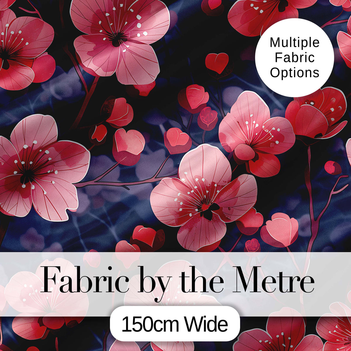 Stylized Cherry Blossom Flowers with Heart Buds  Pattern Modern Romantic Floral Digital Print Fabric by the Metre UK Sewing Quilting Textile