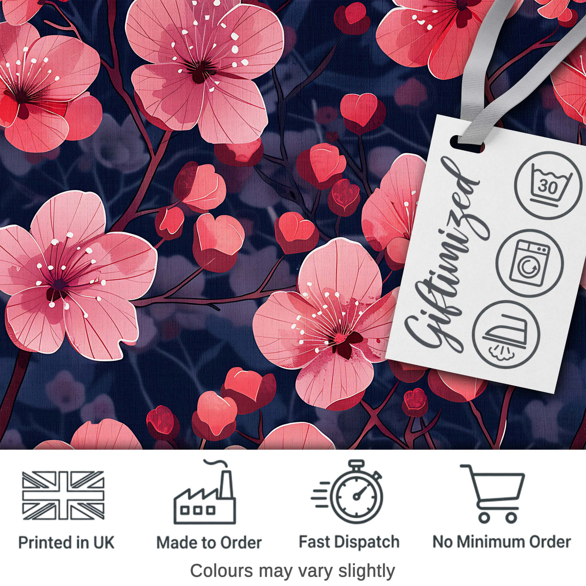 Stylized Cherry Blossom Flowers with Heart Buds  Pattern Modern Romantic Floral Digital Print Fabric by the Metre UK Sewing Quilting Textile