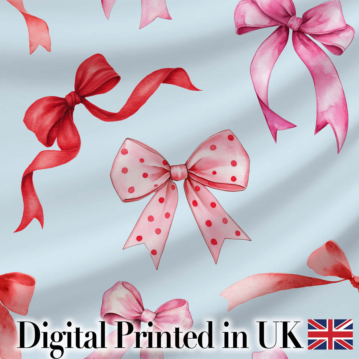 Watercolor Red and Pink Ribbon Bows   Soft Blue Background Cute Girly Design Digital Print Fabric by the Metre UK Sewing Quilting Textile